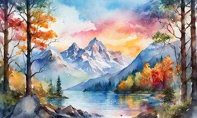 Poster Beautiful autumn landscape with mountains and lake  © LG Art Creation