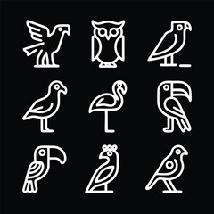 A set of nine icon illustration of a unique bird concept. eagle, owl, crow, pigeon, flamingo, macaw, toucan, peacock, canary. Set collection of animals Icons. Simple line art style icons pack