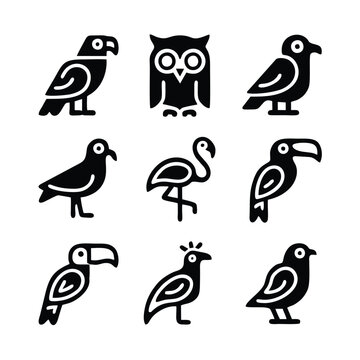 A set of nine icon illustration of a unique bird concept. eagle, owl, crow, pigeon, flamingo, macaw, toucan, peacock, canary. Set collection of animals Icons. Simple line art style icons pack