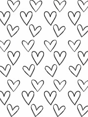 Black heart on white background. Seamless pattern with abstract hearts. Hand drawn ink print for fabric, textiles, wrapping paper. Vector illustration