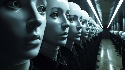 Close-up of mannequin faces in blue lighting, creating an atmosphere of uniformity and replication. - obrazy, fototapety, plakaty
