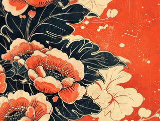 Traditional Japanese illustration of florals on red background, symbolizing art and culture.