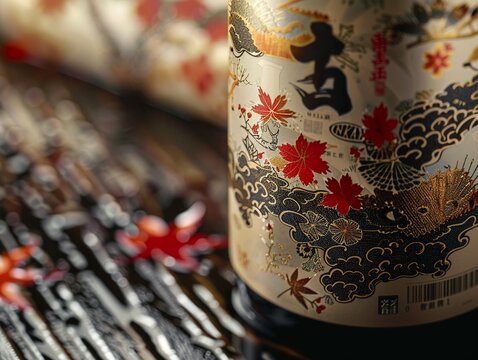 Close-up of a Japanese sake bottle with traditional artwork and kanji characters, cultural aesthetics.