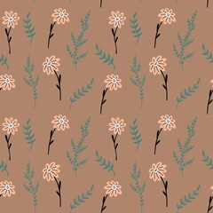 Floral chamomile pattern with plants. Hand Drawn Brown Vector Background.