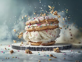 Celebratory ice cream sandwich with sprinkles, capturing the joy of desserts in a vibrant setting.