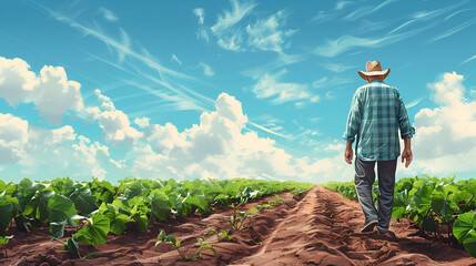 An old farmer walking on crop field soil in an illustration collection of career and lifestyle, generative Ai - obrazy, fototapety, plakaty