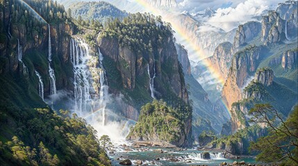 Multiple rainbows and waterfall