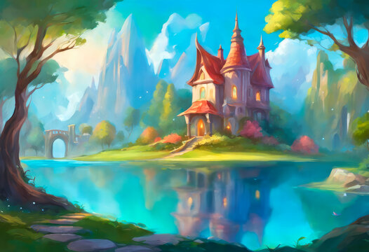 Colorful illustration of a fairytale house in fantasy art style.