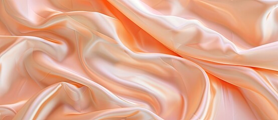 Abstract Design Background: Beautiful Peach Silk Satin Fabric with Soft Folds and Waves, Top View. The Texture of the Material is Smooth and Shiny.