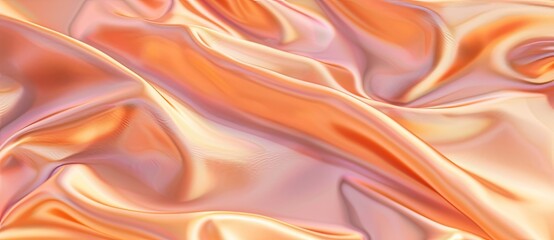 Abstract Design Background: Beautiful Peach Silk Satin Fabric with Soft Folds and Waves, Top View. The Texture of the Material is Smooth and Shiny.