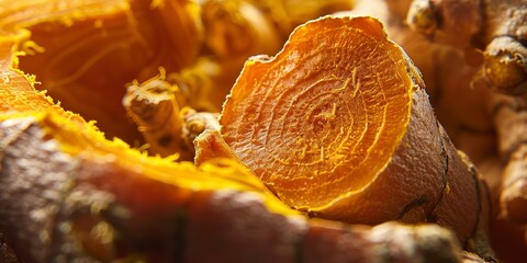 Turmeric root, cut open, close-up, vibrant orange, natural light, contrasted textures 