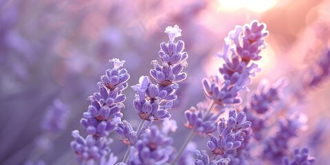 Dried lavender, bundle, close focus, soft purple hues, warm backlight, delicate texture 