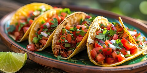 Mexican tacos, vibrant salsa, close shot, lime wedge, rustic plate, bright outdoor light