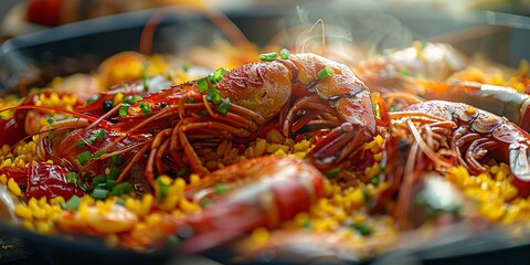 Fototapeta na wymiar Spanish paella, seafood top, close focus, saffron rice, bright day, detailed texture