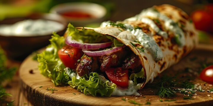 Greek gyros wrap, tzatziki drizzle, close view, crisp lettuce, warm light, detailed layers 