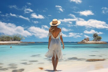 Fototapeta na wymiar Woman in White Dress and Hat Walking on Beach. Generative AI