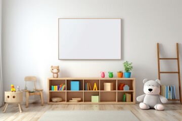Teddy bear sitting on shelf next to bed. Generative AI