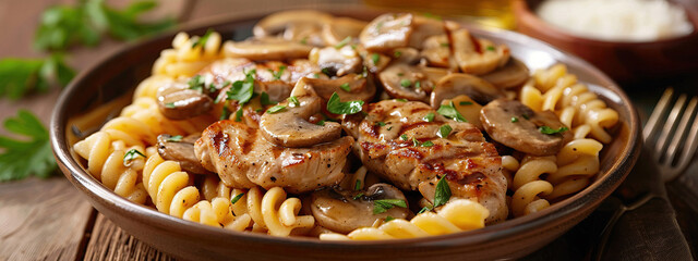 pasta with veal and mushrooms - obrazy, fototapety, plakaty