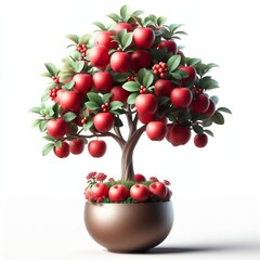 3D Beautiful watercolor red apple fruit potted tree with ultra-realistic leaves white background