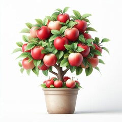 3D Beautiful watercolor red apple fruit potted tree with ultra-realistic leaves white background
