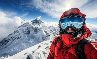 Fototapeta na wymiar Self photograph of an explorer on the top mountain with Mount Everest in the background, wearing ski goggles and a red jacket