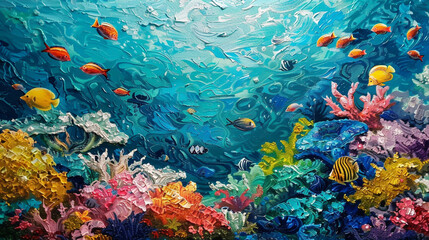 Capture the vivid hues and bustling marine life of a coral reef submerged in a turquoise ocean.