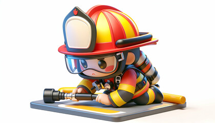 Realistic 3D Icon of Firefighter in Full Gear Executing Drill in Everyday Work Environment on White Background