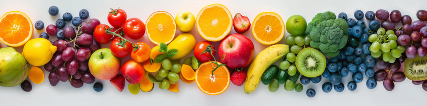 A vivid array of colorful fruits and vegetables forming a rainbow spectrum, from red tomatoes to blueberries, on a clean white background.

