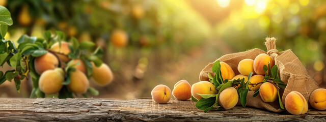 ripe apricots in a bag on a wooden table