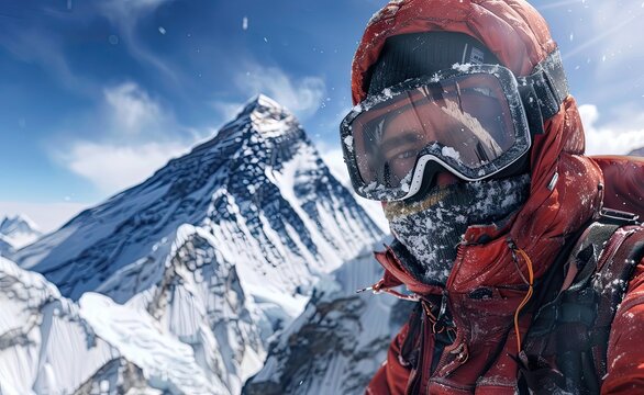 Self photograph of an explorer on the top mountain with Mount Everest in the background, wearing ski goggles and a red jacket