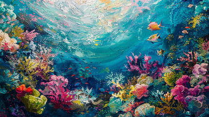 Capture the vivid hues of a bustling coral reef thriving in the depths of a shimmering turquoise...