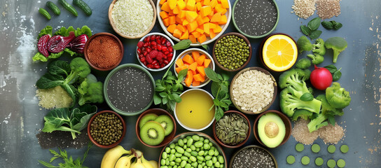 A diverse array of healthy foods neatly organized in bowls; includes vegetables, grains, fruits, and legumes on a light, textured surface.
