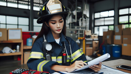 Firefighter reviewing emergency plans in candid daily environment and routine of work - obrazy, fototapety, plakaty