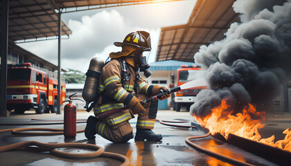 Authentic photo of firefighter training in real live fire scenarios, depicting the candid daily routine and work environment - obrazy, fototapety, plakaty