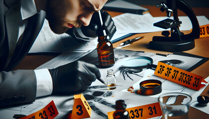 Detective Examining Evidence in Photo Real Forensic Investigation Scene - obrazy, fototapety, plakaty