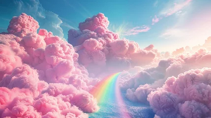 Schilderijen op glas A surreal landscape where cotton candy pink clouds intertwine with a vibrant rainbow ,3DCG,high resulution,clean sharp focus © Oranuch