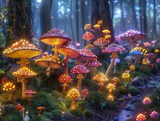 Obraz na płótnie Canvas An enchanted forest filled with colorful mushrooms of all shapes and sizes, each emitting a soft glow ,super realistic,soft shadown