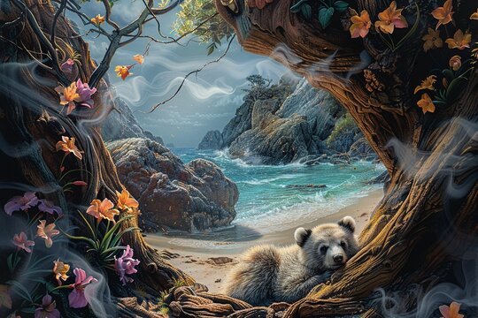 A cozy bear cub nestled in a hollow tree with wisps of smoke curling into heart shapes ,--sref https://cdn.midjourney.com/675d8082-d9e9-42d5-a681-dae848c389a3/0_1.webp