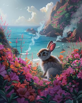 A fluffy bunny sitting in a field of pink flowers with puffs of smoke floating around it ,--sref https://cdn.midjourney.com/675d8082-d9e9-42d5-a681-dae848c389a3/0_1.webp