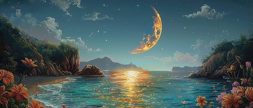 A peaceful scene of a baby moon nestled among the stars, softly glowing in the night sky ,--sref https://cdn.midjourney.com/675d8082-d9e9-42d5-a681-dae848c389a3/0_1.webp