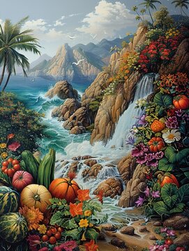 A serene scene of vegetables tumbling over a rocky waterfall, their juices mingling in midair ,--sref https://cdn.midjourney.com/675d8082-d9e9-42d5-a681-dae848c389a3/0_1.webp