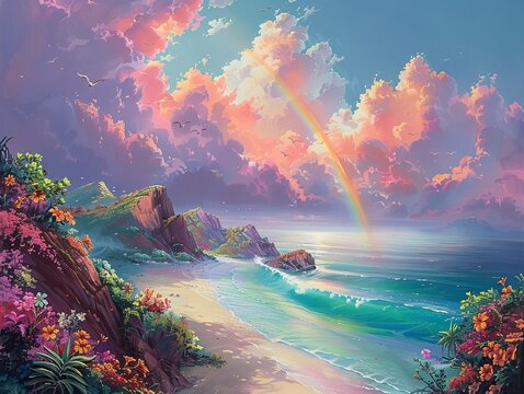 An ethereal scene showcasing pastel pink clouds blending seamlessly with the colors of a majestic rainbow in the sky ,--sref https://cdn.midjourney.com/675d8082-d9e9-42d5-a681-dae848c389a3/0_1.webp