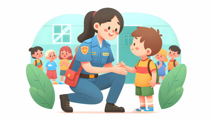 Kind and caring Child Outreach Officer comforting a child at a community event - Flat vector illustration in candid daily work environment