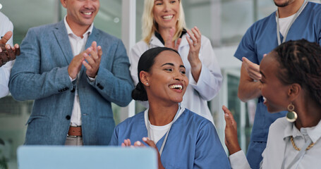 Healthcare, people and happy with celebration in hospital for promotion, victory and success on...