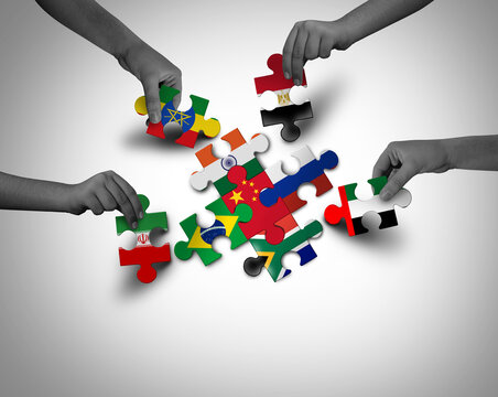 Brics Growing Group as Brazil Russia India China and South Africa intergovernmental organization as emerging market countries as Egypt Ethiopia Iran and the United Arab Emirates as a geopolitical bloc