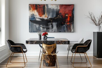 A minimalist dining area with a chic table, designer chairs, and abstract art.