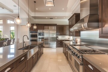 A modern kitchen with sleek countertops, stainless steel appliances, and pendant lights.