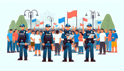 Public Order Maintenance Officers Maintaining Peace at a Large Public Gathering - Flat Vector Illustration in Candid Daily Environment - obrazy, fototapety, plakaty