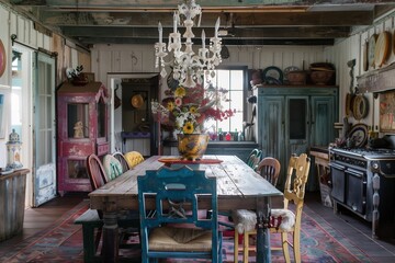 A rustic dining room with a farmhouse table, mismatched chairs, and vintage chandelier.