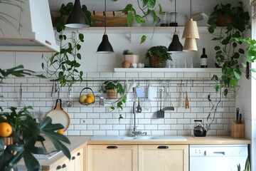 A Scandinavian-style kitchen featuring light wood cabinets, subway tile backsplash, and hanging plants.